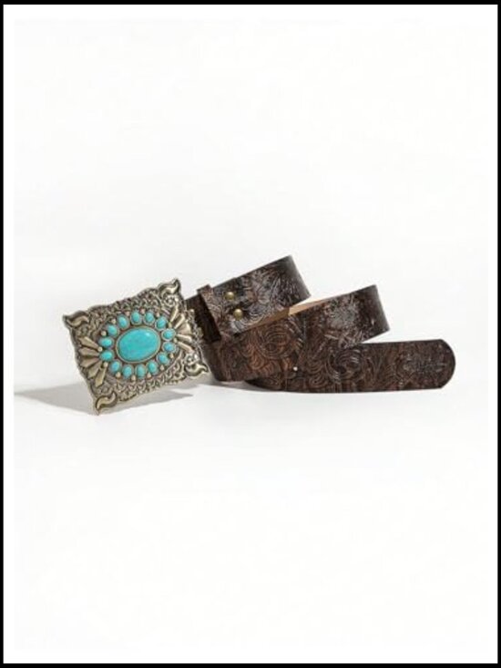 Western Leather Belt Turquoise Concho Buckle Boho Vintage Cowgirl Style main image 4